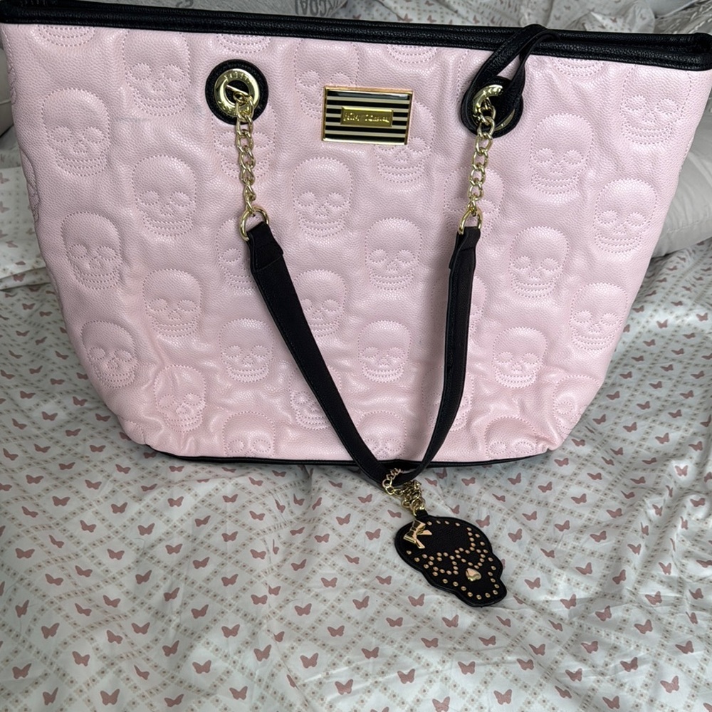 Pink and Black Skull Embossed Tote Bag